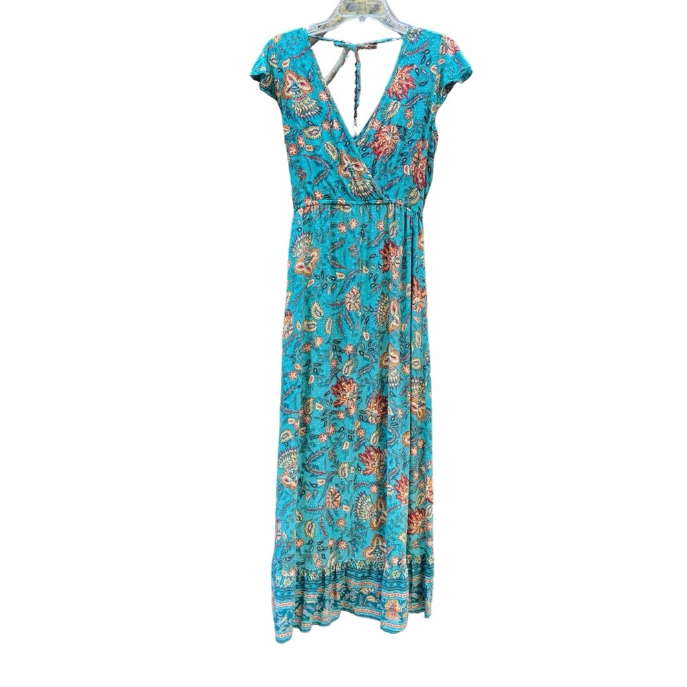 Band Of The Free Maxi Dress Blue Floral Double V Neck Faux Wrap Pockets Size M - Picture 6 of 11
